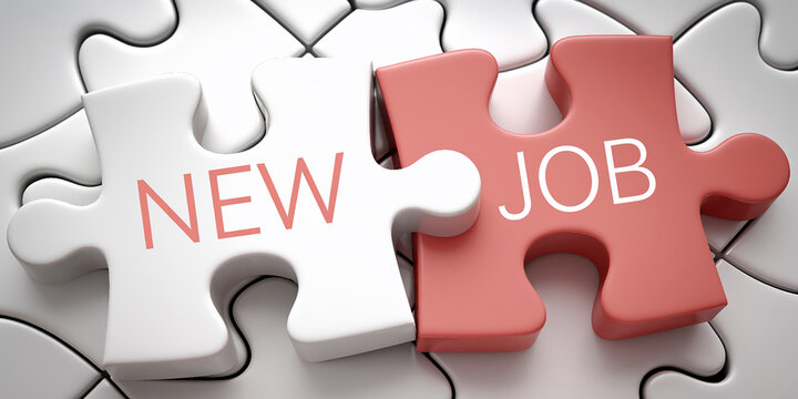 Two puzzle pieces, one white with "NEW" and one red with "JOB", joined together against a white puzzle background, symbolizing new job opportunities and career transitions