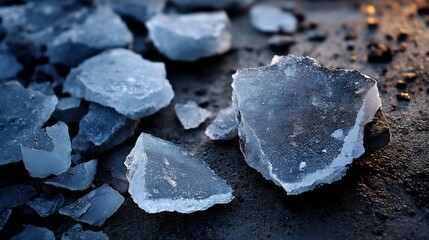 Jagged ice chunks scattered on the ground