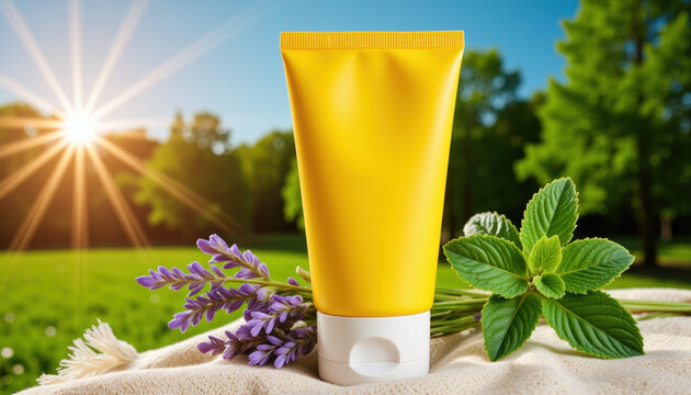 Vibrant yellow tube of insect bite relief cream resting on coarse linen cloth, accompanied by sprigs of fresh lavender and mint in a softly blurred sunlit garden