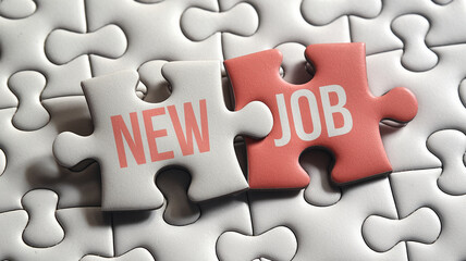 Two puzzle pieces, one white and one coral, joined together, display "NEW JOB" symbolizing career opportunities and finding the right fit