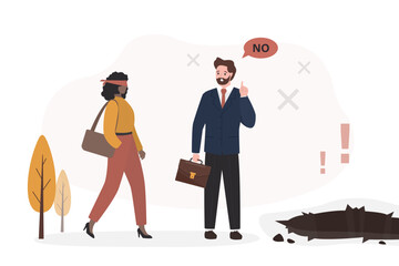 Blindfolded woman walks toward pit. Smart businessman warns of danger. Business delusions, naivety, illusions. Possibility of getting into difficult situation, problems