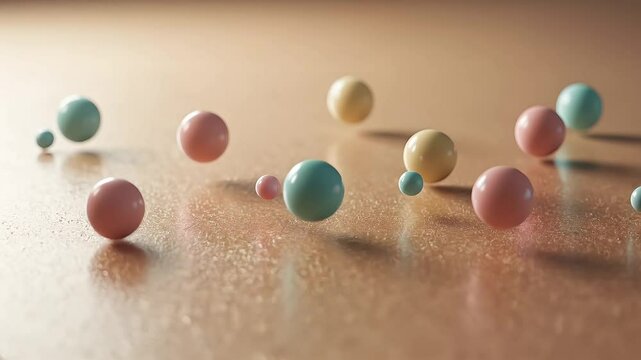 Pastel spheres bouncing on textured surface with soft reflections

