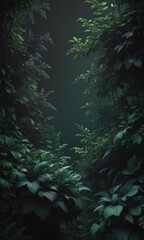 Mysterious lush foliage in shades of black and emerald green; bold, elegant , dark, silhouette
