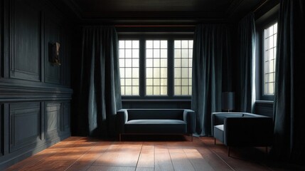 Fototapeta premium Dark and luxurious living room with a large window in the center. the room has dark wood paneling on the walls and ceiling, and the floor is made of hardwood.