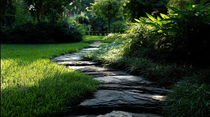 Obraz premium Stone garden path winding through lush green lawn.