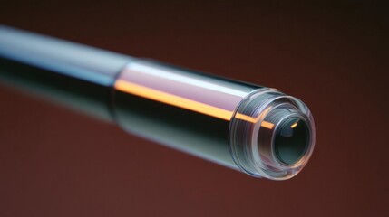 Close-up of a cylindrical object with a transparent body. the object appears to be a pen or a telescope, with a pointed tip and a small opening at the bottom.