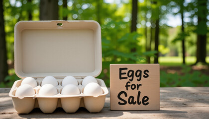 Pastel cream cardboard box filled with freshly collected eggs beside a handwritten wooden sign “Eggs for Sale” on a rough oak farm table under bright clear morning sunlight, local farming authenticity