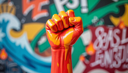 Powerful raised fist against vibrant street art, symbol of resistance