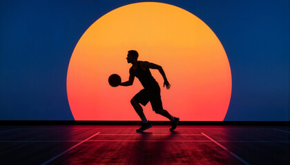 Dynamic basketball player dribbling at sunset, passion for sports