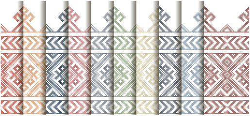 Set of embroidery patterns. Slavic folk motifs. Imitation of cross stitch. Red ornament on a white background. Seamless background.