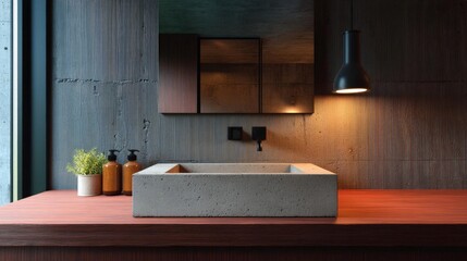 Modern bathroom with a concrete sink on a wooden countertop. the sink is rectangular in shape and has a black faucet. above the sink, there is a wooden cabinet with a mirror above it.
