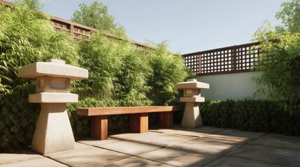 Modern garden with a wooden bench and two stone lanterns on either side. the bench is made of light-colored wood and has a rectangular shape with a flat top.