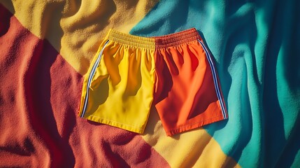 vibrant swim trunks on the beach