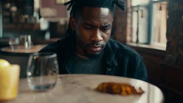 Man with dreadlocks is sitting at a table. He is looking at the camera. There is a cup on the table