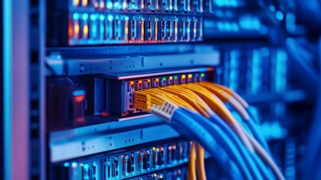 Close-up of network cables connected to a server rack, showcasing data transfer and connectivity.