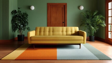 Obraz premium Modern living room with a yellow sofa in the center. the sofa is placed against a green wall with a wooden door in the background.
