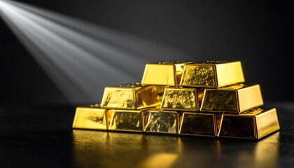 A stack of gleaming gold bars, dramatically lit against a dark background. Represents wealth, success, and investment. Ideal for financial, business, or aspirational themes.