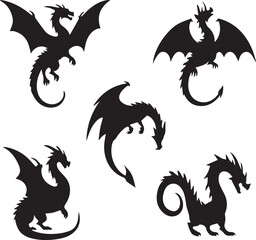 Naklejka premium Dragon Silhouette Set Vector Mythical Fantasy Creature Icon Collection Black Isolated