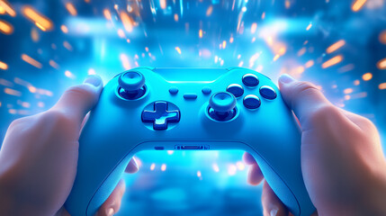 In a vibrant gaming environment, a person grips a blue game controller as colorful digital sparks radiate around. The atmosphere suggests an intense gaming experience, filled with excitement