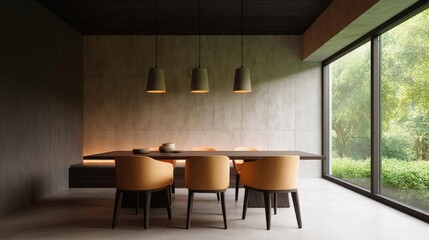 Modern dining room with a large wooden table in the center. the table is surrounded by six orange chairs with black legs. above the table, there are three pendant lights hanging from the ceiling.