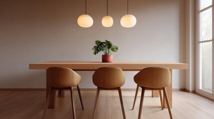 Modern dining room with a wooden table and four chairs. the table is rectangular in shape and has a light brown finish. above the table, there are three white pendant lights hanging from the ceiling.