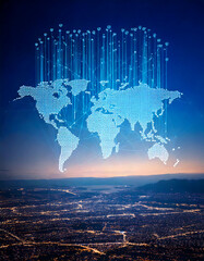 Image of Glowing world map over a city at night, conveying global connectivity, technology,  digital networks. Perfect for concepts of data, future, and international business. printed on Printed Glass Basin Splashbacks