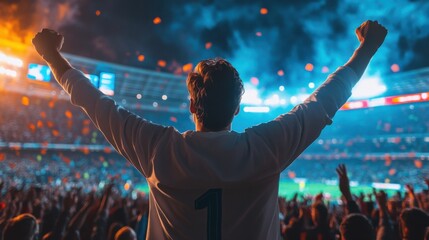 Glory moment football star in stadium spotlight