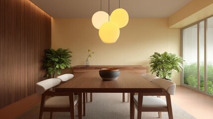 Modern dining room with a wooden table and six chairs. the table is in the center of the room and has a bowl on top. above the table, there are three yellow pendant lights hanging from the ceiling.