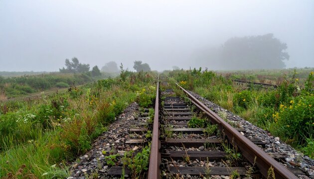 Rusty railway tracks with weeds vanishing into thick morning fog