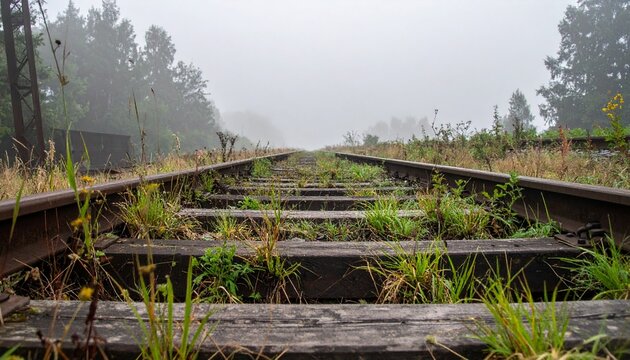 Rusty railway tracks with weeds vanishing into thick morning fog