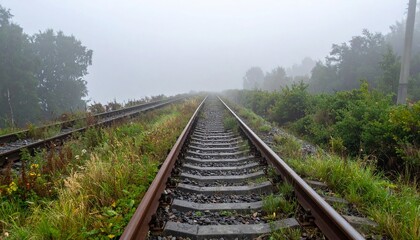 Obraz premium Rusty railway tracks with weeds vanishing into thick morning fog