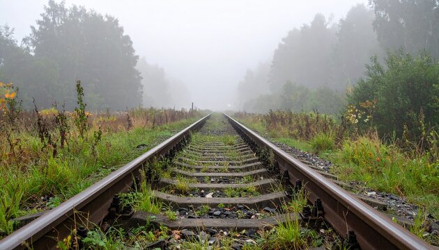 Rusty railway tracks with weeds vanishing into thick morning fog