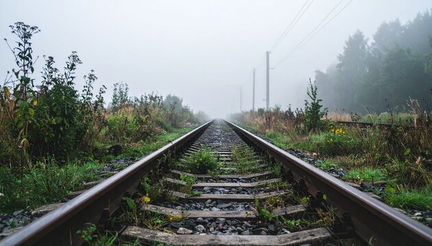 Rusty railway tracks with weeds vanishing into thick morning fog