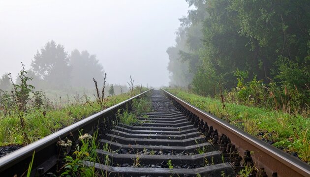 Rusty railway tracks with weeds vanishing into thick morning fog