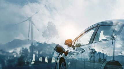 Double exposure of electric vehicle charging with wind turbine and blue sky nature electric energy background ecofriendly concept