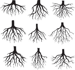 Tree Roots Silhouette Set - Black and White Nature Illustration Collection