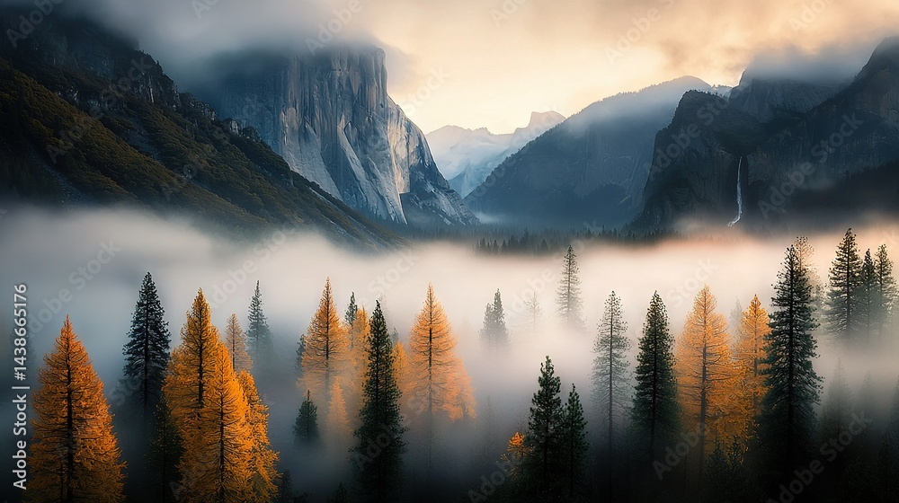 Fototapete a hazy mountain range is visible behind a dense forest in the background