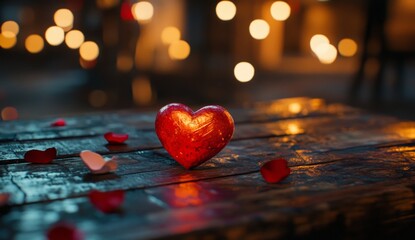 Romantic heart on a wooden table, surrounded by soft light and rose petals
