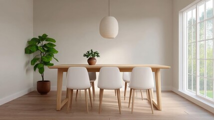 Modern dining room with a wooden table and six white chairs. the table is rectangular in shape and has a light wood finish. above the table, there is a white pendant light hanging from the ceiling.