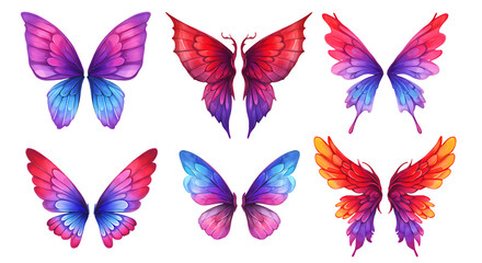 A collection of six colorful butterfly wings in various shades on a black background art design on transparent background