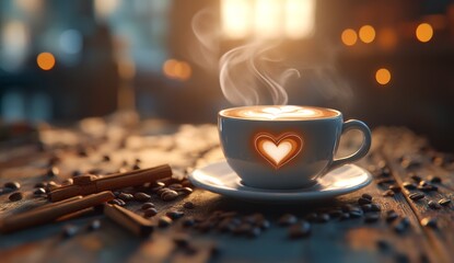 Warm, steaming coffee with heart latte art