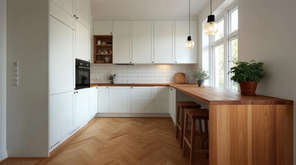 Fototapeta premium Modern kitchen with white cabinets and a wooden countertop. the kitchen has a large window on the right side, allowing natural light to enter the space.