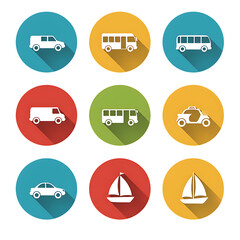 Various transportation icons on colorful circles with long shadows against a black background on transparent background