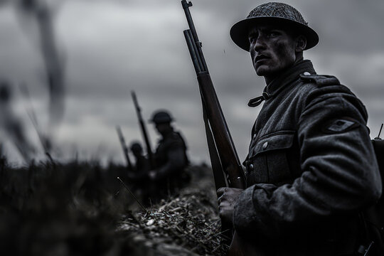 A soldier holding a World War I issued rifle, standing guard at the edge of a trench under a gray sky, intense focus