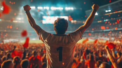 Glory moment football star in stadium spotlight