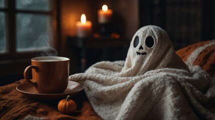 A cute Halloween ghost snuggled up in a cozy blanket