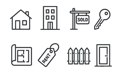 Real estate essentials icon set &ndash; home, building, sold sign, key, blueprint, rent tag, fence, door