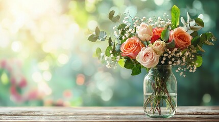   A vase filled with pink roses and baby's breath, framed by a book of green leaves