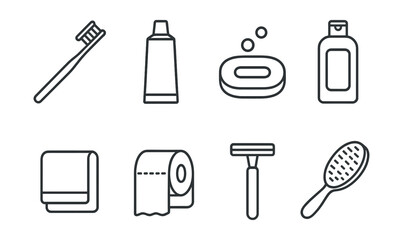 Bathroom essentials icons set – toothbrush, toothpaste, soap, shampoo, towel, toilet paper, razor, brush