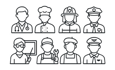 Fototapeta premium Occupation icon set – doctor, chef, firefighter, police, teacher, mechanic, pilot